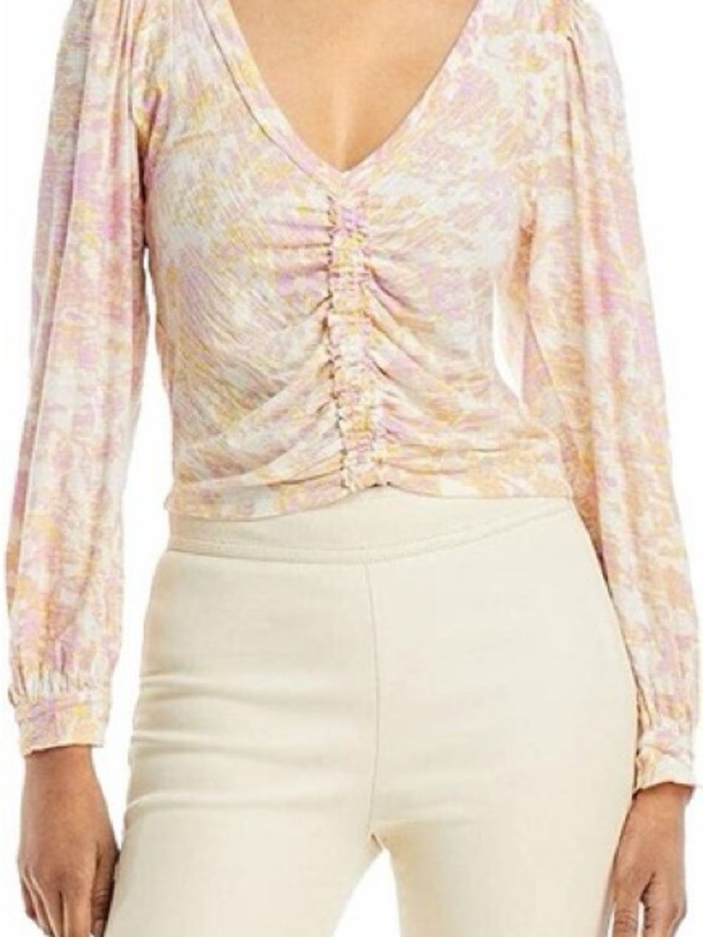 Free People Pink and Yellow Ruched V-Neck Long Sleeve Top